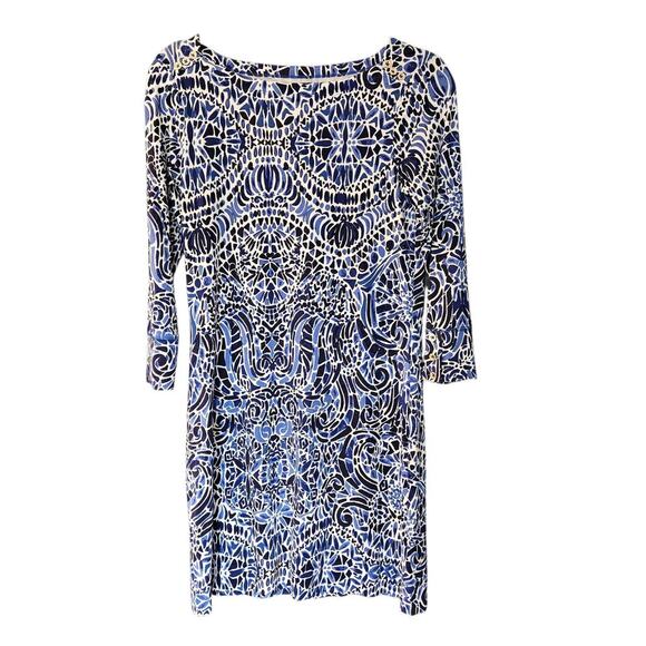 Lilly Pulitzer Sophie Dress Taverna Tile UPF 50+ 3/4 Sleeve Blue & White Small - Picture 3 of 14